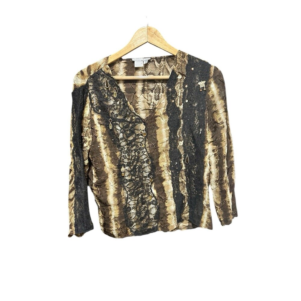 Alberto Makali Bejeweled Embellished Blouse 3/4th Sleeves Size M 90s Y2K Vintage